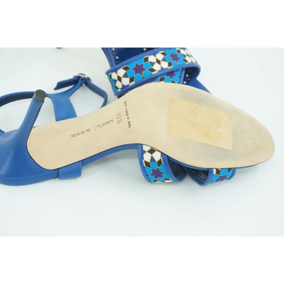 Manolo Blahnik Talitha Linen Strap Blue Floral Sandals size 39.5 Ankle - Picture 2 of 11